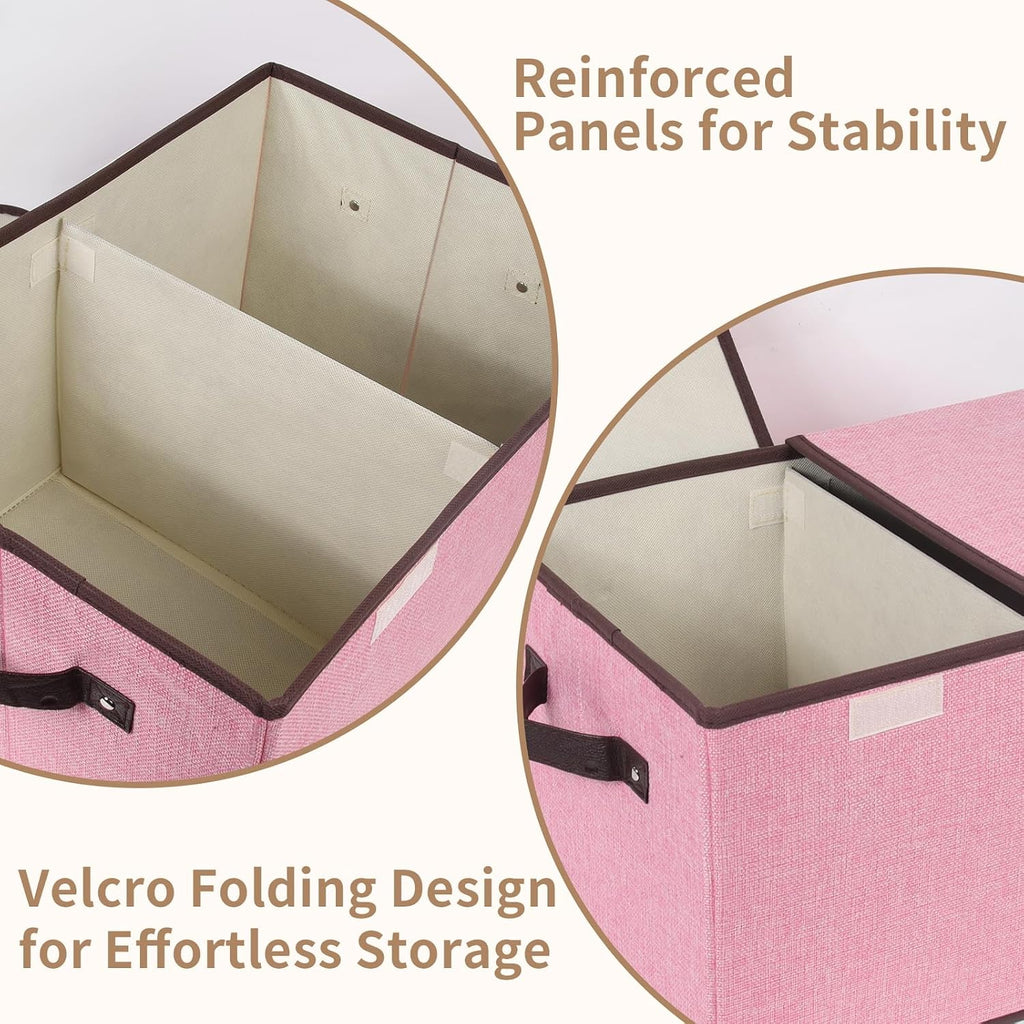 3 Pack Pink Double-Lid Fabric Storage Boxes with Dividers