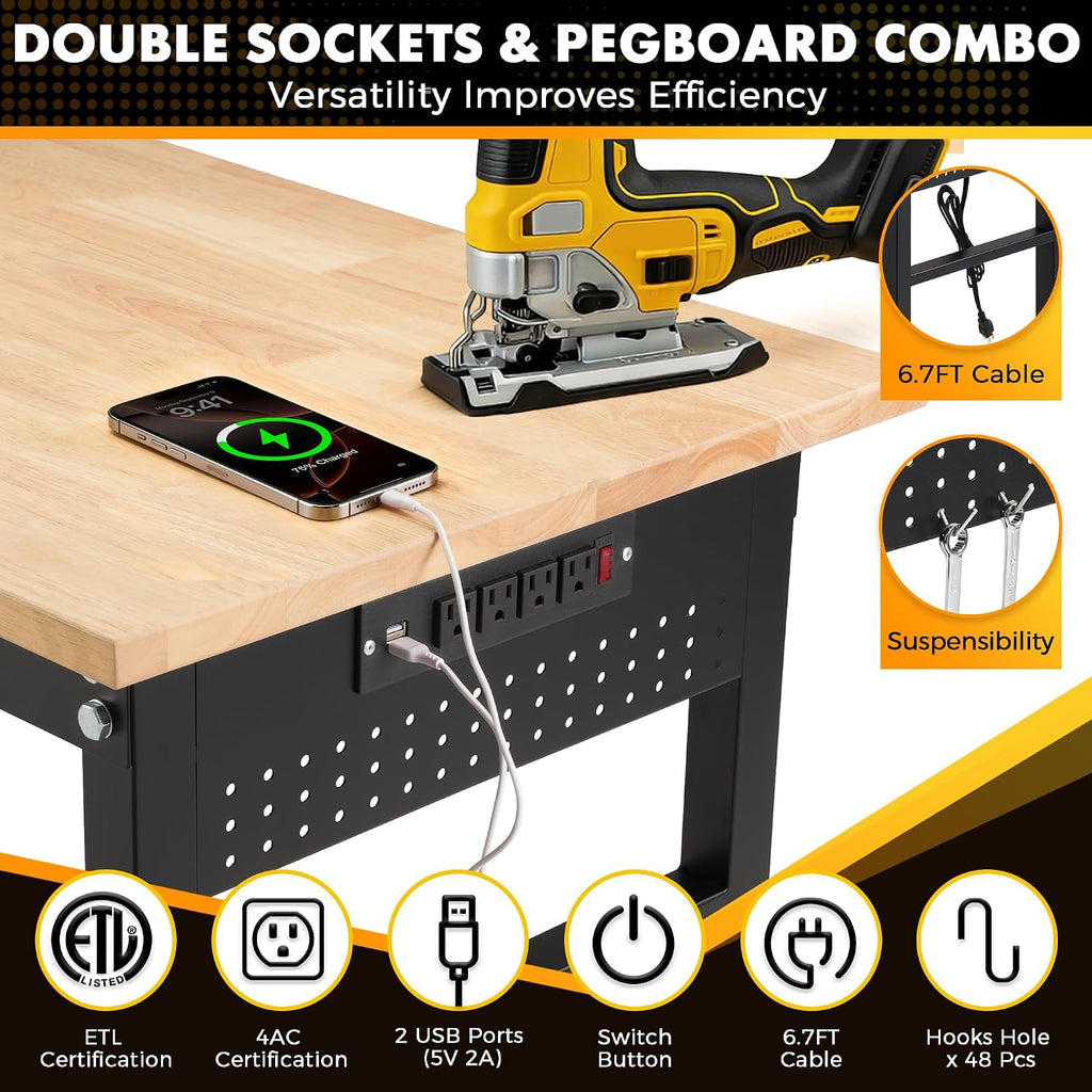 60" Adjustable Rubberwood Workbench