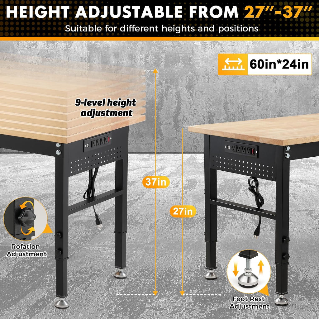 60" Adjustable Rubberwood Workbench