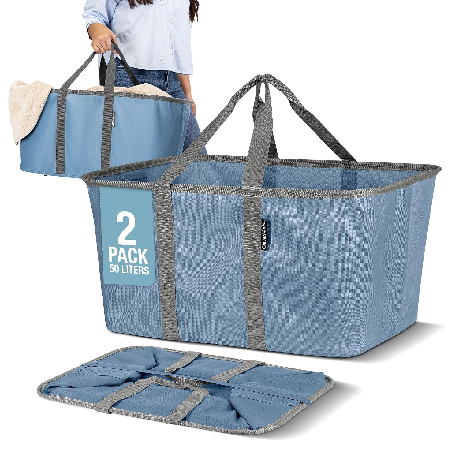 2 Pack Denim 50L Collapsible Laundry Tote Storage Bin